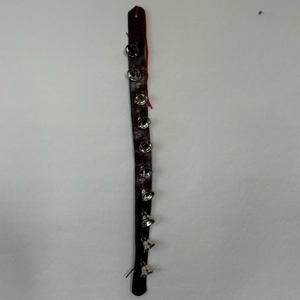 VINTAGE SLEIGH BELLS WITH LEATHER STRAP 29” AND 10 BELLS
